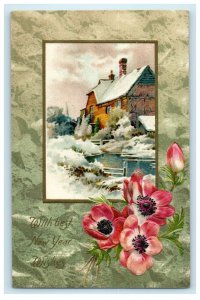 1909 New Year Winsch Back Pink Flowers Cabin House Pond Embossed Postcard 