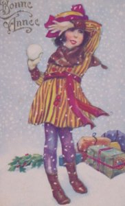 Art Deco Bompard Woman Snowball Antique Vintage Christmas New Year Postcard