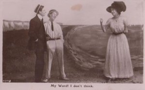 My Word I Dont Think Lady Chatted Up Chatting Cheeky Men Real Photo Old Postcard