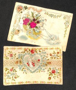 Embossed doves silk material floral fantasy unit of 2 postcards 1903 Netherlands 