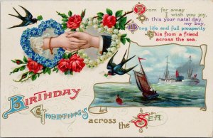 Birthday Greetings Across The Sea Hands Hearts Birds Ships Postcard H20