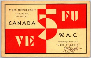 1938 QSL Radio Card VE5FU Vancouver B.C. Amateur Radio Station Posted Postcard