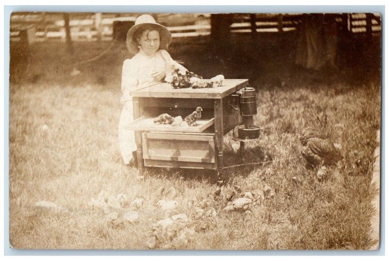 1911 Young Girl Chick Duck Warming Machine Velpen IN RPPC Photo Postcard 