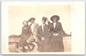 Vintage RPPC Postcard Four People Hats River Scene 1920s Real Photo