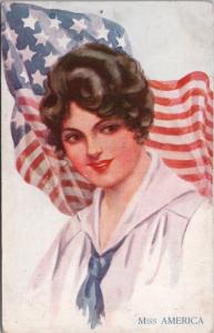 MIss America Woman American Flag Celesque Series Patriotic Postcard E28 *As Is