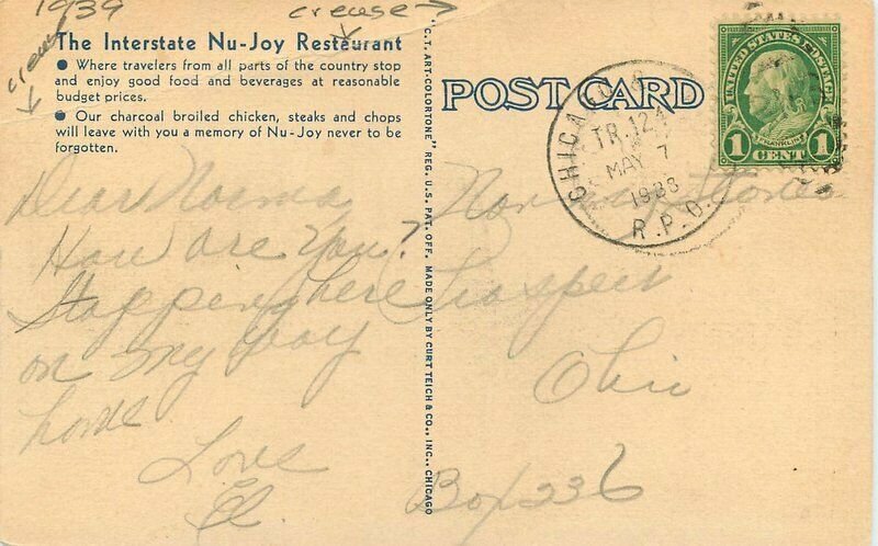 Greyhound Bus Nu Joy Restaurant Kentland Indiana Teich 1939 Postcard 20-8290