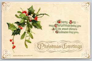Holly Mistletoe & Christmas Greeting Every Joy~Winsch Vintage Postcard