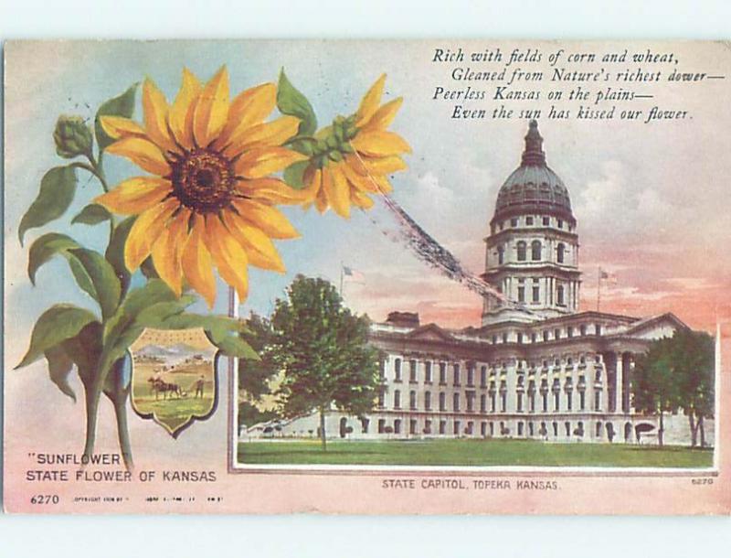 Divided-Back STATE FLOWER AND CAPITOL Topeka Kansas KS HM6735