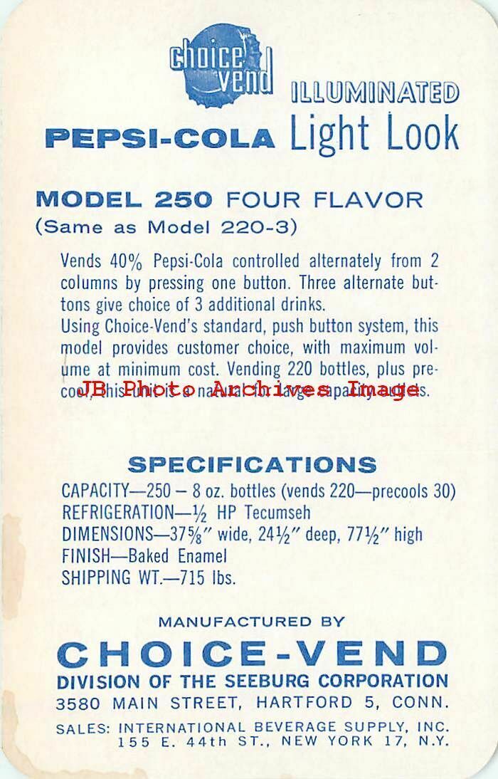 Advertising Card, Seeburg ChoiceVend 250, 4 Flavor, Pepsi Vending