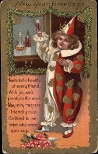 New Year Little Clown Jester Harlequin Drinking Toast c1910 Vintage Postcard