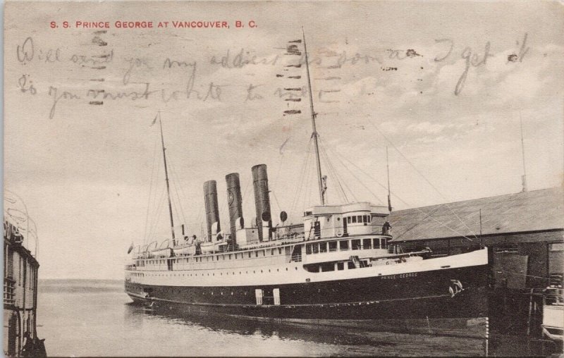 SS 'Prince George' Ship Vancouver British Columbia Steamship c1915 Postcard H52