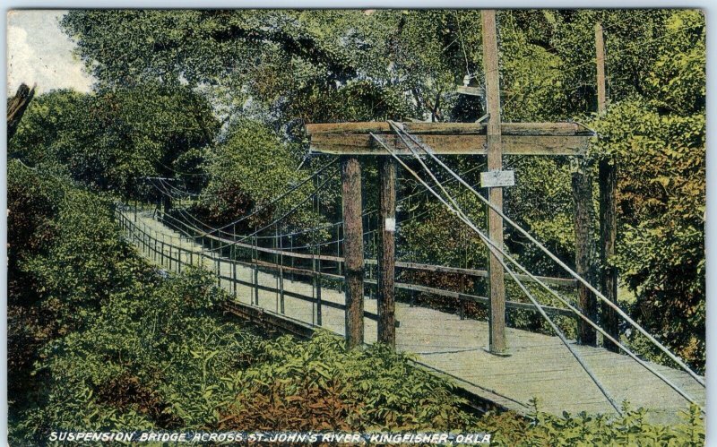 c1900s Kingfisher, Okla Suspension Bridge St John's River Postcard OK A87