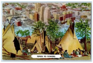 c1960 Tepees Towers Prairie Camp Oklahoma City Skyline Oklahoma Vintage Postcard