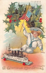 CHRISTMAS HOLIDAY SAILOR BOY FLAG MILITARY SHIP PARIS ILLINOIS POSTCARD 1911