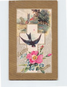 Postcard Easter Greeting with Flowers Bird Cross Embossed Art Print