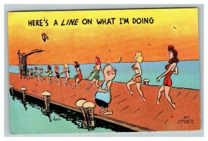 Vintage 1940's Kropp Comic Postcard Bikini Women Walking on Pier