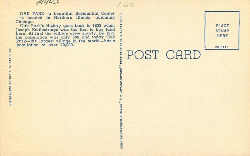 Illinois Oak Park Large Letters 1940s Stoll Teich linen OP5 Postcard  22-2065