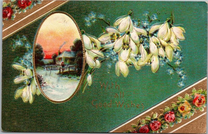 With all Good Wishes - flower and cottage scene bridge embossed - Nebo Illinois 