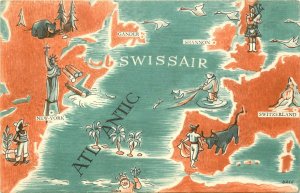 Swissair Advertising Postcard Illustrated Map Europe Atlantic & New York, DC-6-B