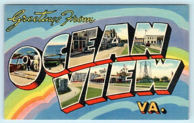 Large Letter Linen Greetings from OCEAN VIEW, VIRGINIA Tichnor c1940s Postcard