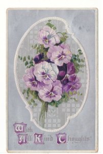 With All Kind Thoughts, Purple Flowers, Antique 1911 Embossed Postcard