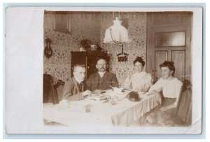 c1905 European Family Eating Dinner in Dining Room Interior RPPC Photo Postcard 