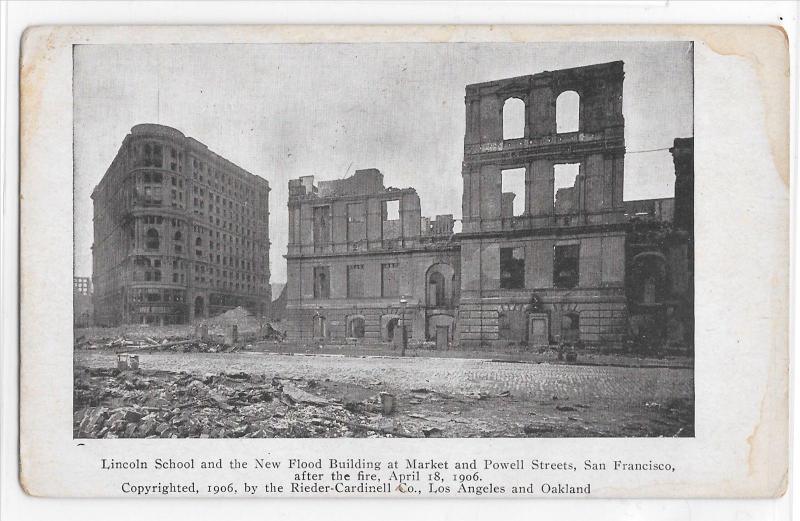 Lincoln School + Flood Building San Fransisco CA Disaster Fire of 1906 Postcard