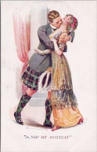 A Nip of Scotch Scottish Man Kilt & Elegant Woman Sherie Artist Postcard H52