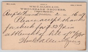 Philadelphia PA WM. C. Allen & Co Grocers 1889 Postal To Reeds Gap Postcard AA3
