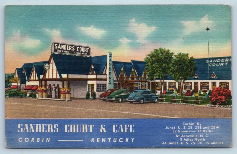 Postcard KY Corbin Sanders Court Motel Pure Gasoline Station Pumps Linen L19