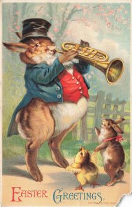 Humanized Rabbit Wearing Hat Vest Playing Trumpet Chick Dances Easter c1910 P162