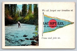 1940 Fly Fishing  Lac Sept Iles St. Raymond  Flag Quebec  Canada  Postcard