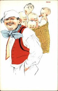 Multiple Baby Fantasy Caricature Father w/ 6 Babies in Basket Nice Art Postcard