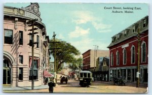 AUBURN, ME ~ COURT STREET SCENE Streetcar c1910s Androscoggin County Postcard