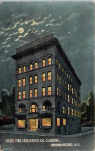 1910s Dixie Fire Insurance Company Building Greensboro NC Night View Postcard