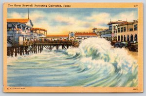 Galveston Texas~Great Seawall~Admiration Coffee~Crashing Waves~Linen Postcard