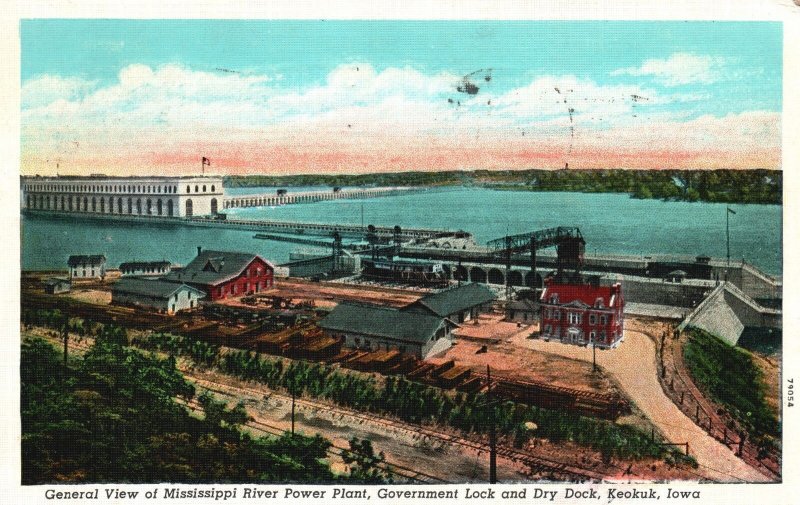 Postcard 1940 Mississippi River Power Plant Govt. & Dry Dock Keokuk Iowa I.A.