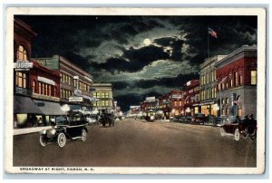 c1910's Broadway At Night Cars Moonlight Scene Fargo North Dakota ND Postcard