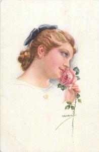 Artist signed USABAL 1919 pretty young lady rose flower