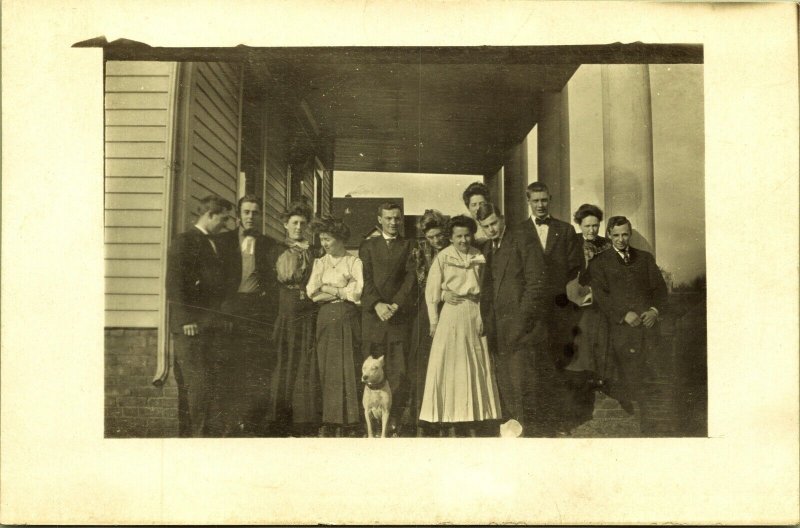 RPPC Group Photo Outdoor Men Women Dog Edwardian Real Photo Postcard AZO