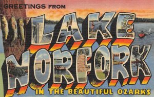 LAKE NORFORK Ozarks Arkansas-Missouri Large Letter Linen ca 1940s Postcard