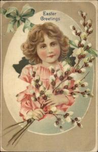 Easter - Beautiful Little Girl Pussy Willows Egg Shell Border c1910 Postcard