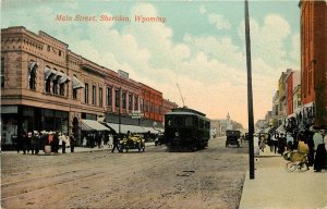 Vintage Postcard Main Street  Sheridan WY Trolley Car Model T