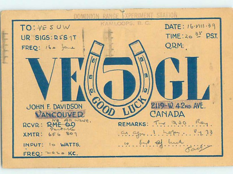 1930s QSL RADIO CARD Vancouver British Columbia BC AH3283