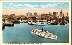 View of Harbor, Showing Excursion Boats, Baltimore MD Vintage Postcard D73