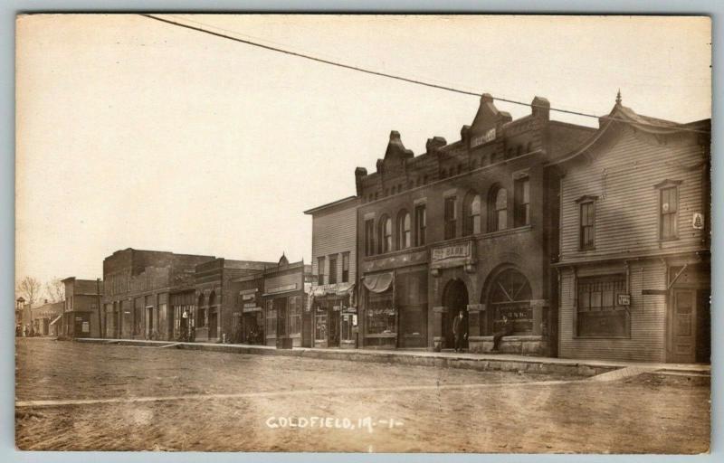 Goldfield IA~Dr Zisk?~Main St~State Bank~No Hotel~Auto Garage~Staver~1915 RPPC 