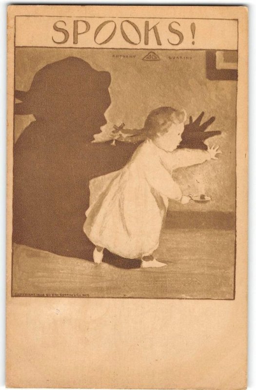 Halloween SPOOKS! Girl & Giant Shadow Surreal Horror Antique Postcard 1910s