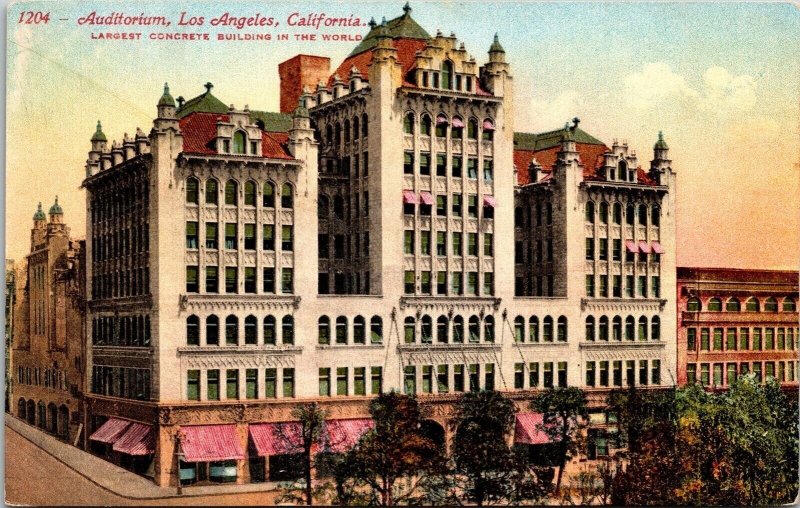 Auditorium Los Angeles CA Largest Concrete Bldg World Antique Postcard UNP DB 