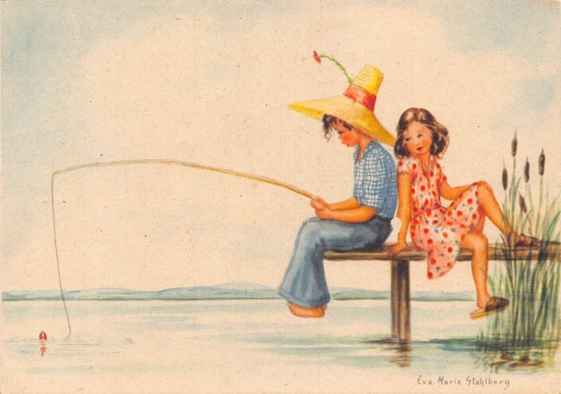 B164 Love Romance Art by Eva Maria Stahlberg Fisherman Lake Couple postcard