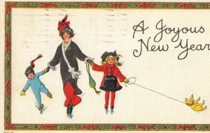 c.1915 Gilded Frame Embossed Children Ice Skating Dog New Year Postcard 2T6-123 